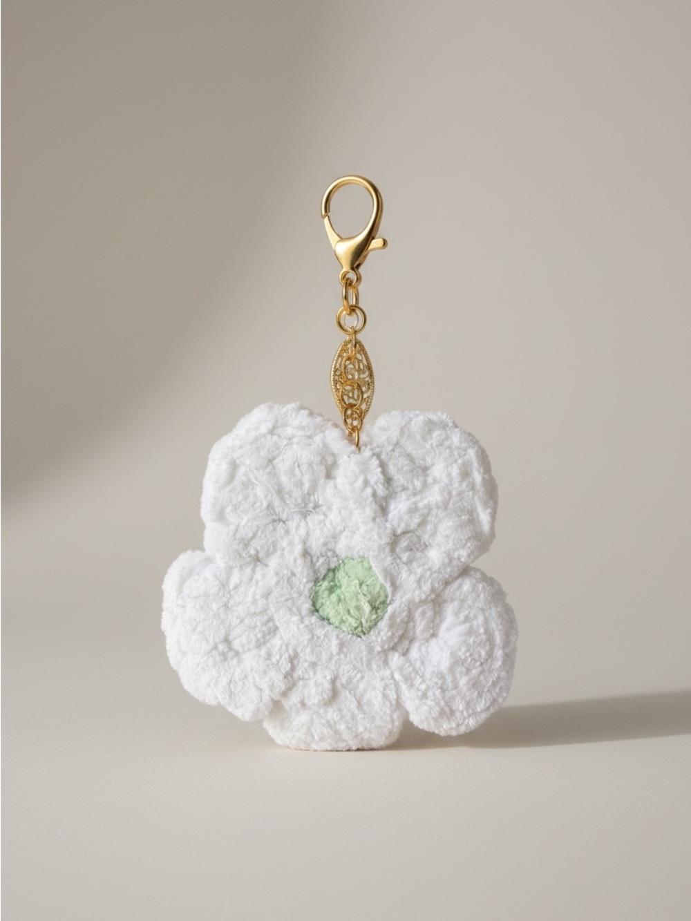 Handmade Crochet Daisy Bag Charm - Plush White & Yellow Flower - Picture 2 of 3